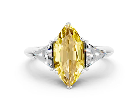 White gold Three-Stone Marquise Cut Cut Diamond Ring with Trillion Side Stones and Four-Prong Setting