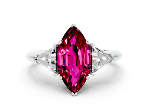 White gold Three-Stone Marquise Cut Cut Diamond Ring with Trillion Side Stones and Four-Prong Setting