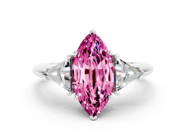 Silver Three-Stone Marquise Cut Cut Diamond Ring with Trillion Side Stones and Four-Prong Setting