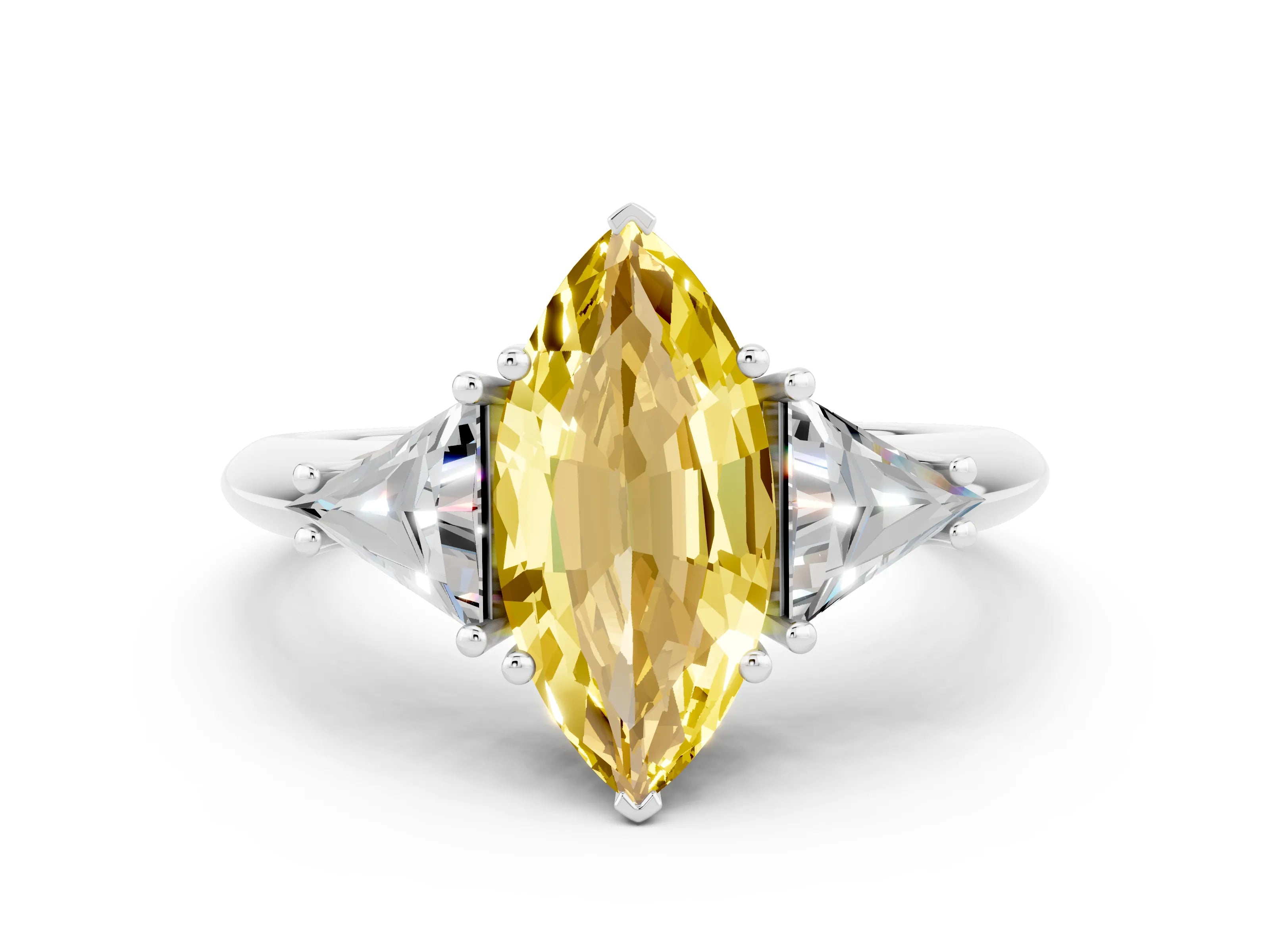 White gold Three-Stone Marquise Cut Cut Diamond Ring with Trillion Side Stones and Four-Prong Setting