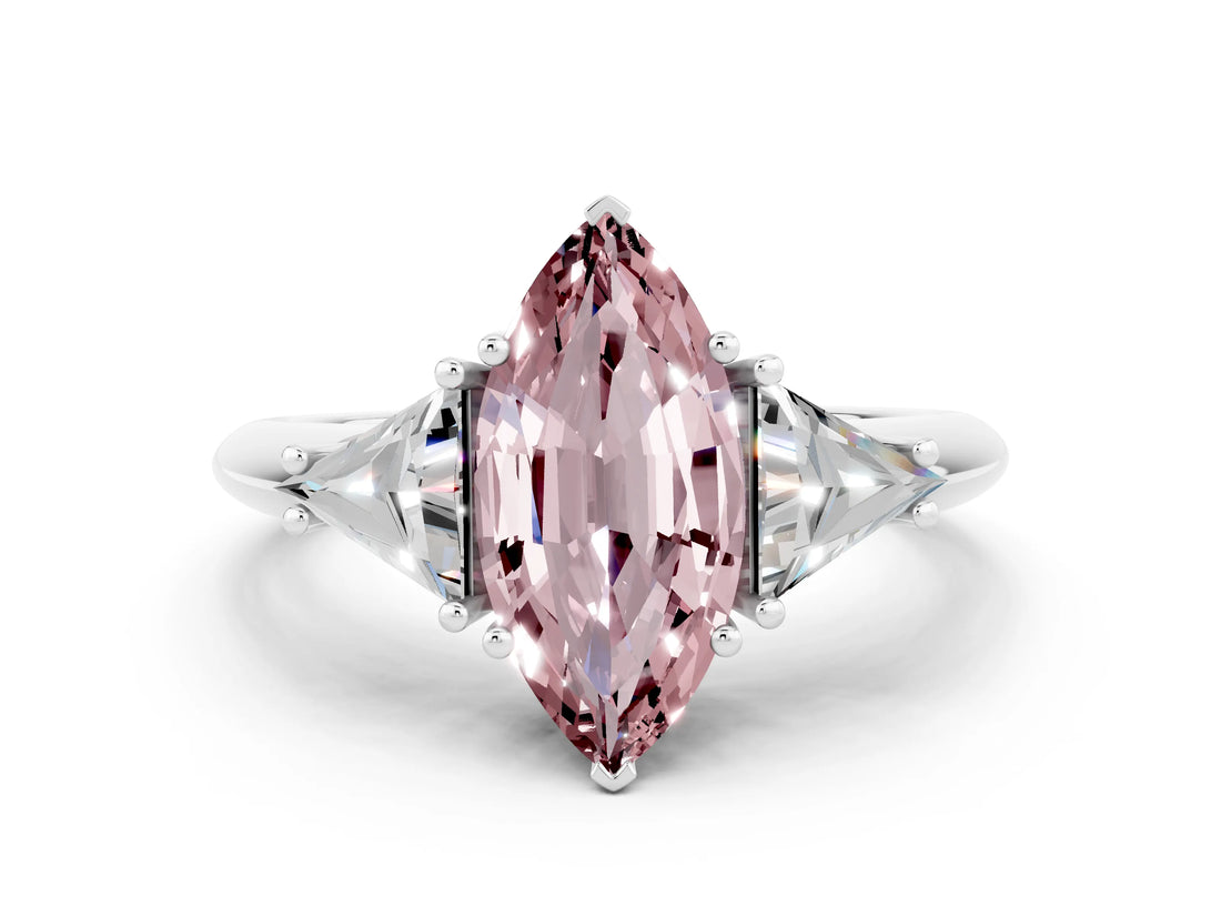 White gold Three-Stone Marquise Cut Cut Diamond Ring with Trillion Side Stones and Four-Prong Setting