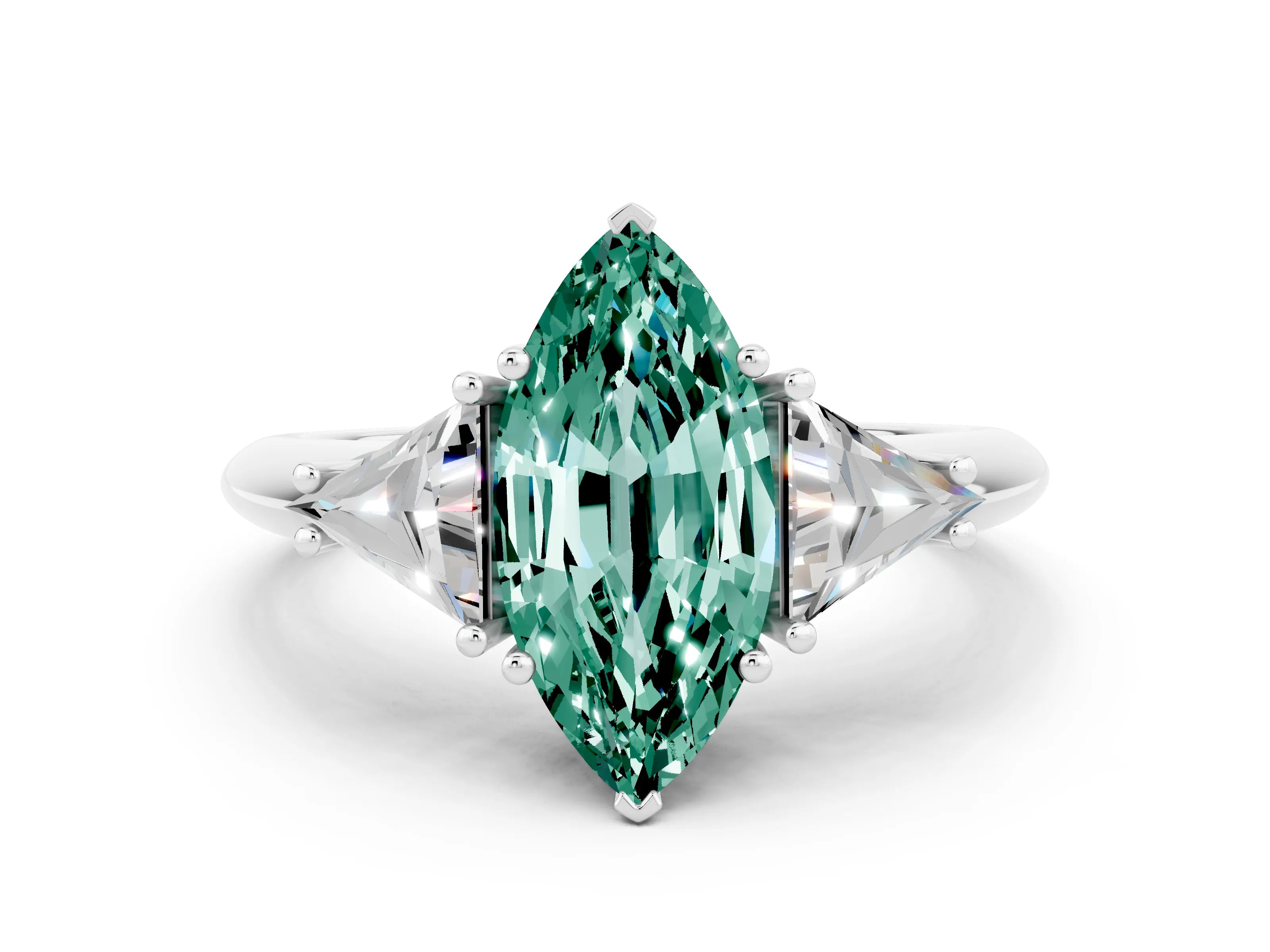 White gold Three-Stone Marquise Cut Cut Diamond Ring with Trillion Side Stones and Four-Prong Setting
