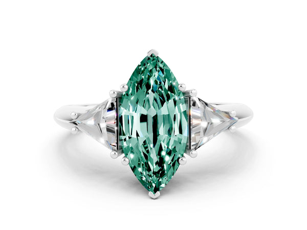 White gold Three-Stone Marquise Cut Green Sapphire Engagement Ring with Trillion Side Stones and Prong Setting