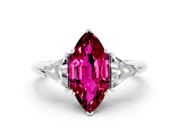 White gold Three-Stone Marquise Cut Garnet Engagement Ring with Trillion Side Stones and Prong Setting