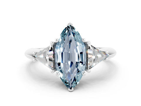 White gold Three-Stone Marquise Cut Cut Diamond Ring with Trillion Side Stones and Four-Prong Setting