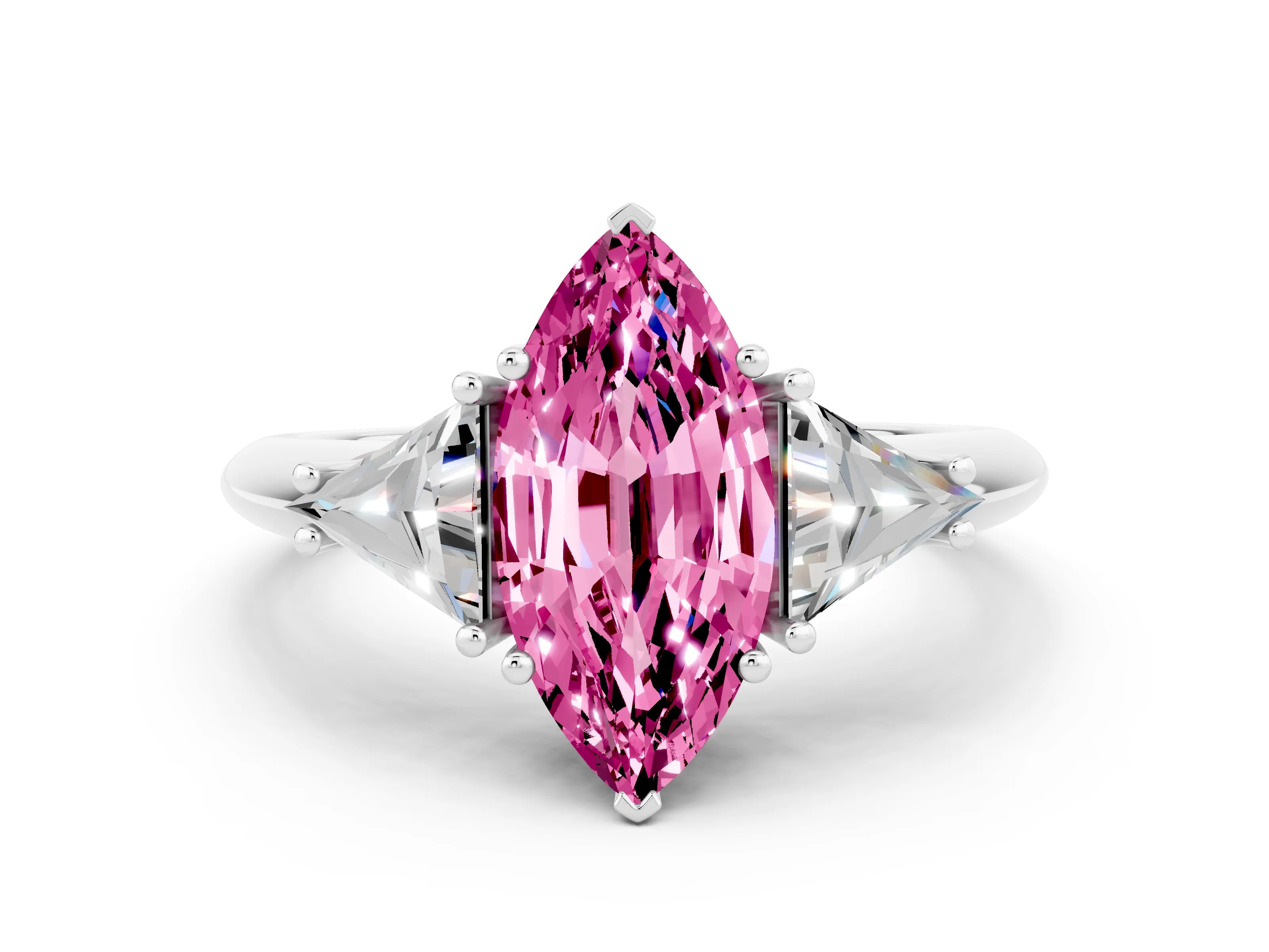 White gold Three-Stone Marquise Cut Cut Diamond Ring with Trillion Side Stones and Four-Prong Setting