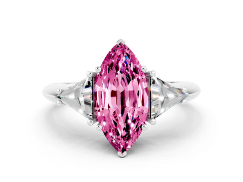 White gold Three-Stone Marquise Cut Cut Diamond Ring with Trillion Side Stones and Four-Prong Setting