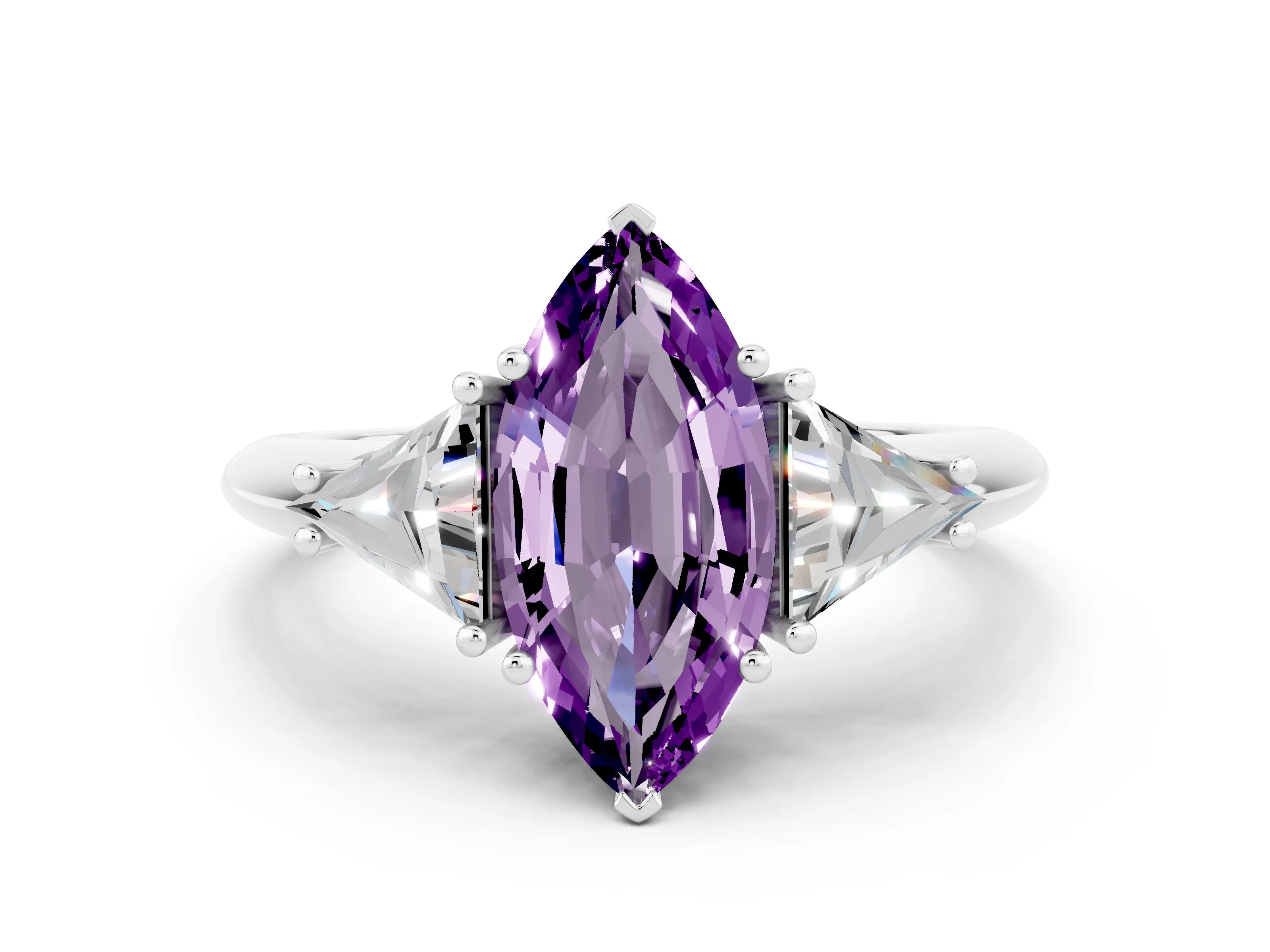 White gold Three-Stone Marquise Cut Cut Diamond Ring with Trillion Side Stones and Four-Prong Setting