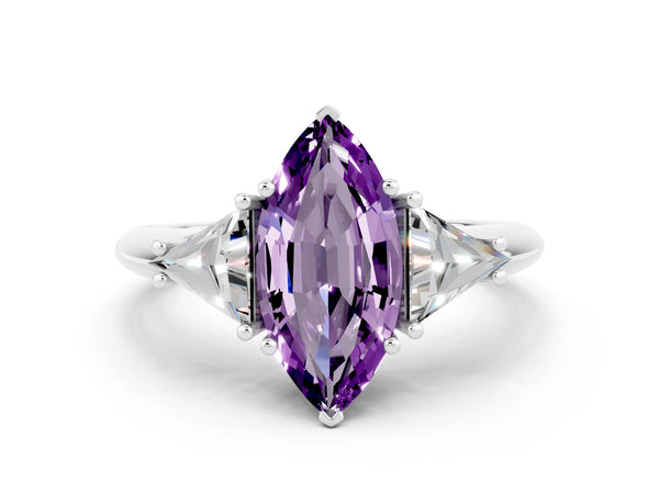 White gold Three-Stone Marquise Cut Amethyst Engagement Ring with Trillion Side Stones and Prong Setting