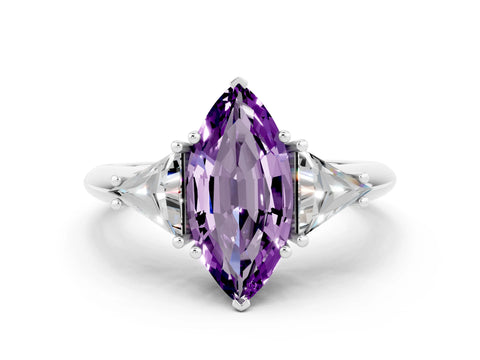 White gold Three-Stone Marquise Cut Cut Diamond Ring with Trillion Side Stones and Four-Prong Setting