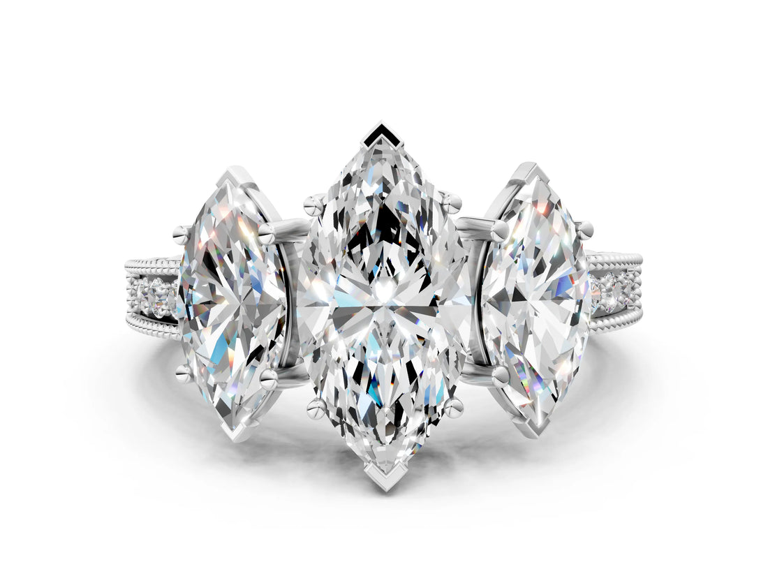 White gold Three-Stone Marquise Cut Cut Milgrain Pavé Engagement Ring_7