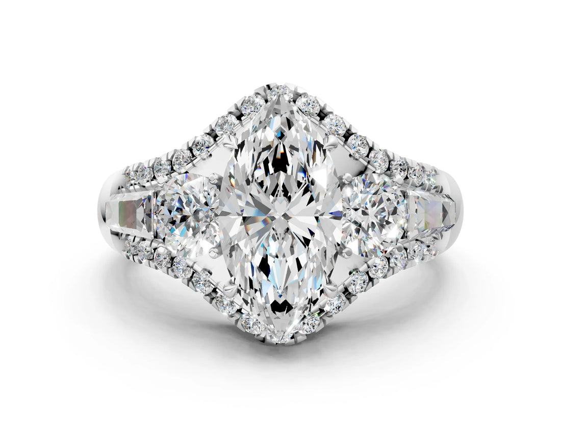 White gold Three-Stone Marquise Cut Diamond Engagement Ring with Pave Band and Prong Setting_6