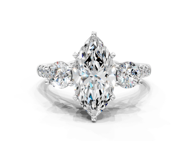 White gold Three-Stone Marquise Cut Diamond Pavé Band with Four-Prong Setting
