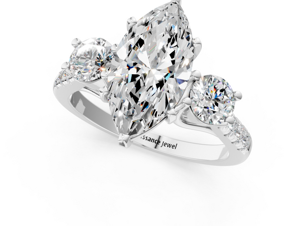 White gold Three-Stone Marquise Cut Diamond Pavé Band with Four-Prong Setting