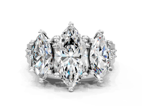 Platinum Marquise Three Stone Pave Engagement Ring Setting with Near-Equal Side Stones