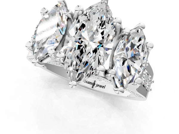 Platinum Marquise Three Stone Pave Engagement Ring Setting with Near-Equal Side Stones