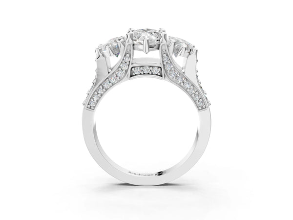 Platinum Marquise Three Stone Pave Engagement Ring Setting with Near-Equal Side Stones