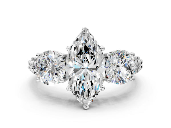 Platinum Marquise Three-Stone Engagement Ring Setting with Engraved Notched Band