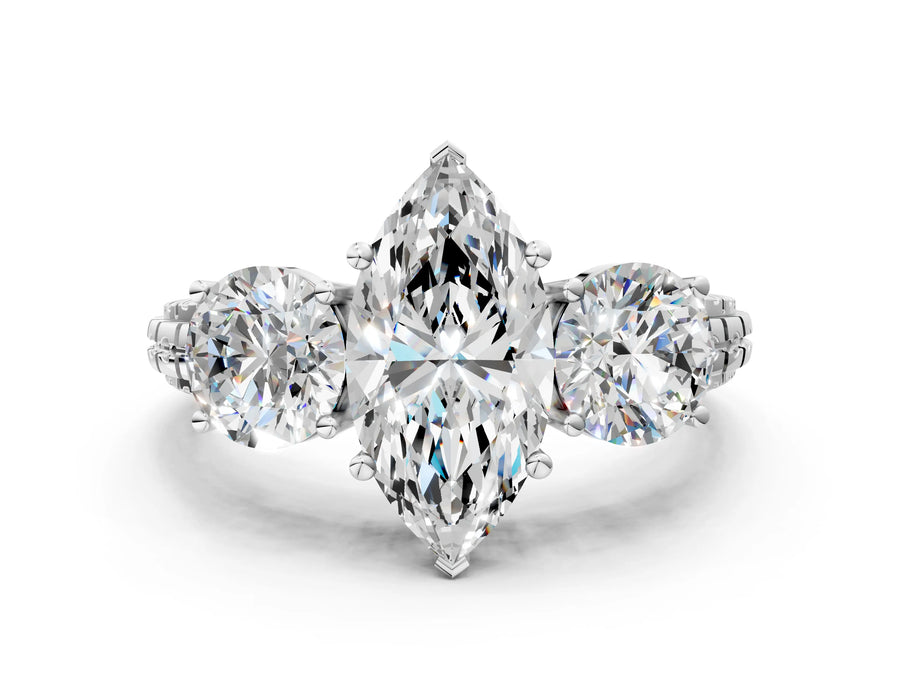 White gold Three-Stone Marquise Cut Diamond Ring with Channel-Set Band and Prong Setting