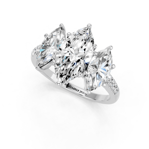 White gold Three-Stone Marquise Cut Diamond Ring with Pavé Band and Prong Setting_11