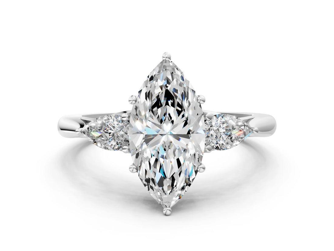 White gold Three-Stone Marquise Cut Diamond Ring with Pear  Side Stones in Four-Prong Setting_16