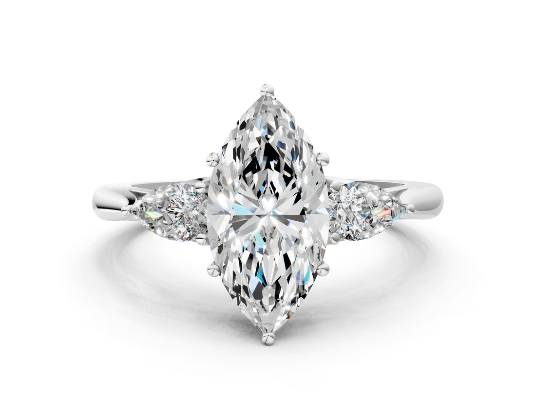 White gold Three-Stone Marquise Cut Diamond Ring with Pear Side Stones in Four-Prong Setting_195
