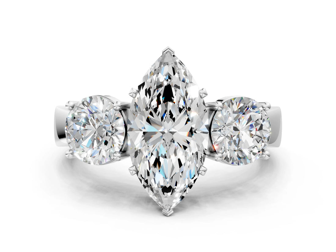 White gold Three-Stone Marquise Cut Diamond Ring with Round Side Stones, Classic Band, and Four-Prong Setting_19