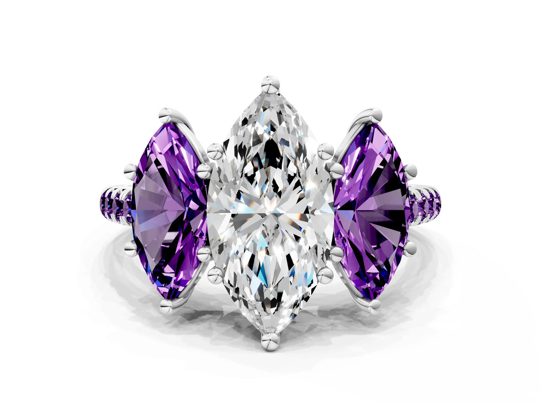 White gold Three-Stone Marquise Cut Diamond Ring with Round with Amethyst side stone Pavé Band and Prong Setting