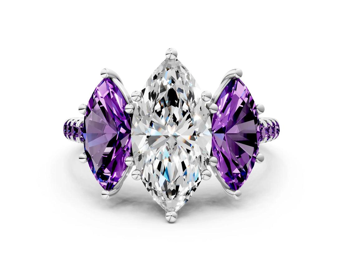 White gold Three-Stone Marquise Cut Diamond Ring with Round with Amethyst side stone Pavé Band and Prong Setting_12