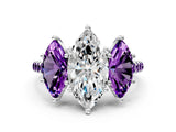White gold Three-Stone Marquise Cut Diamond Ring with Round with Amethyst side stone Pavé Band and Prong Setting_12