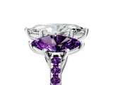 White gold Three-Stone Marquise Cut Diamond Ring with Round with Amethyst side stone Pavé Band and Prong Setting_17