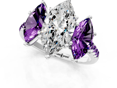 White gold Three-Stone Marquise Cut Diamond Ring with Round with Amethyst side stone Pavé Band and Prong Setting_1