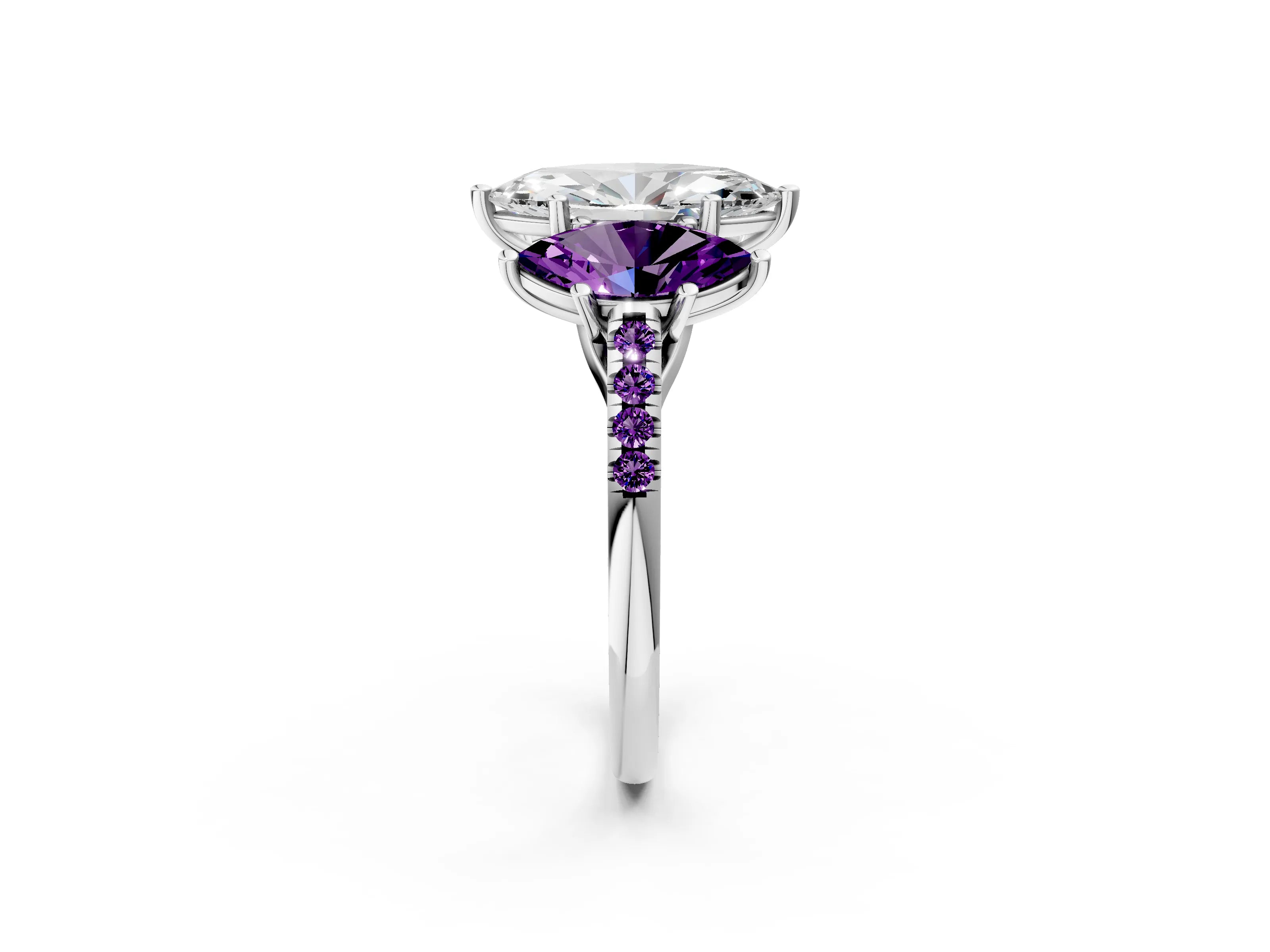 White gold Three-Stone Marquise Cut Diamond Ring with Round with Amethyst side stone Pavé Band and Prong Setting_2