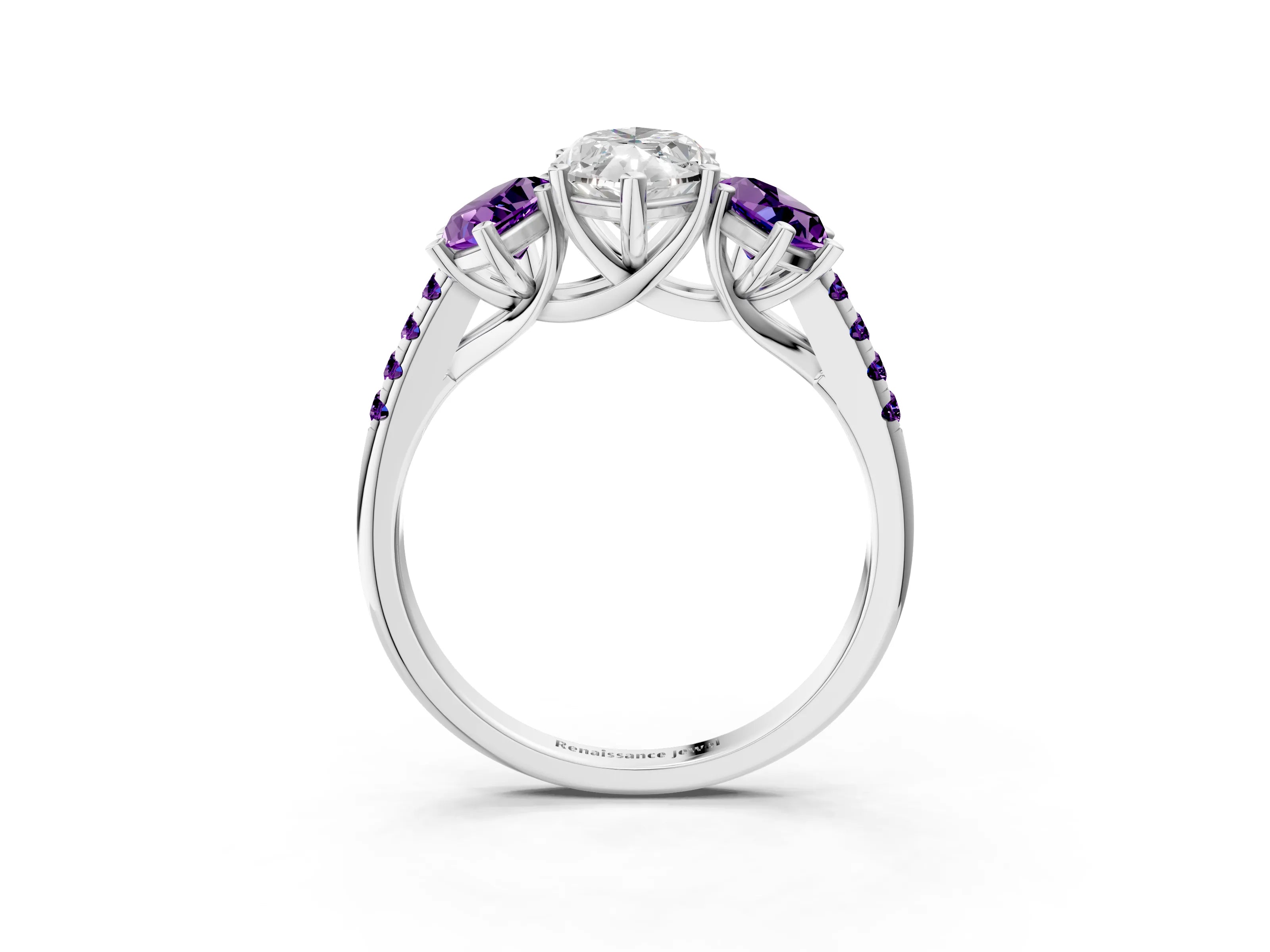 White gold Three-Stone Marquise Cut Diamond Ring with Round with Amethyst side stone Pavé Band and Prong Setting_3