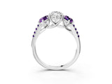 White gold Three-Stone Marquise Cut Diamond Ring with Round with Amethyst side stone Pavé Band and Prong Setting_3