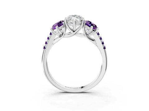 White gold Three-Stone Marquise Cut Diamond Ring with Round with Amethyst side stone Pavé Band and Prong Setting_3