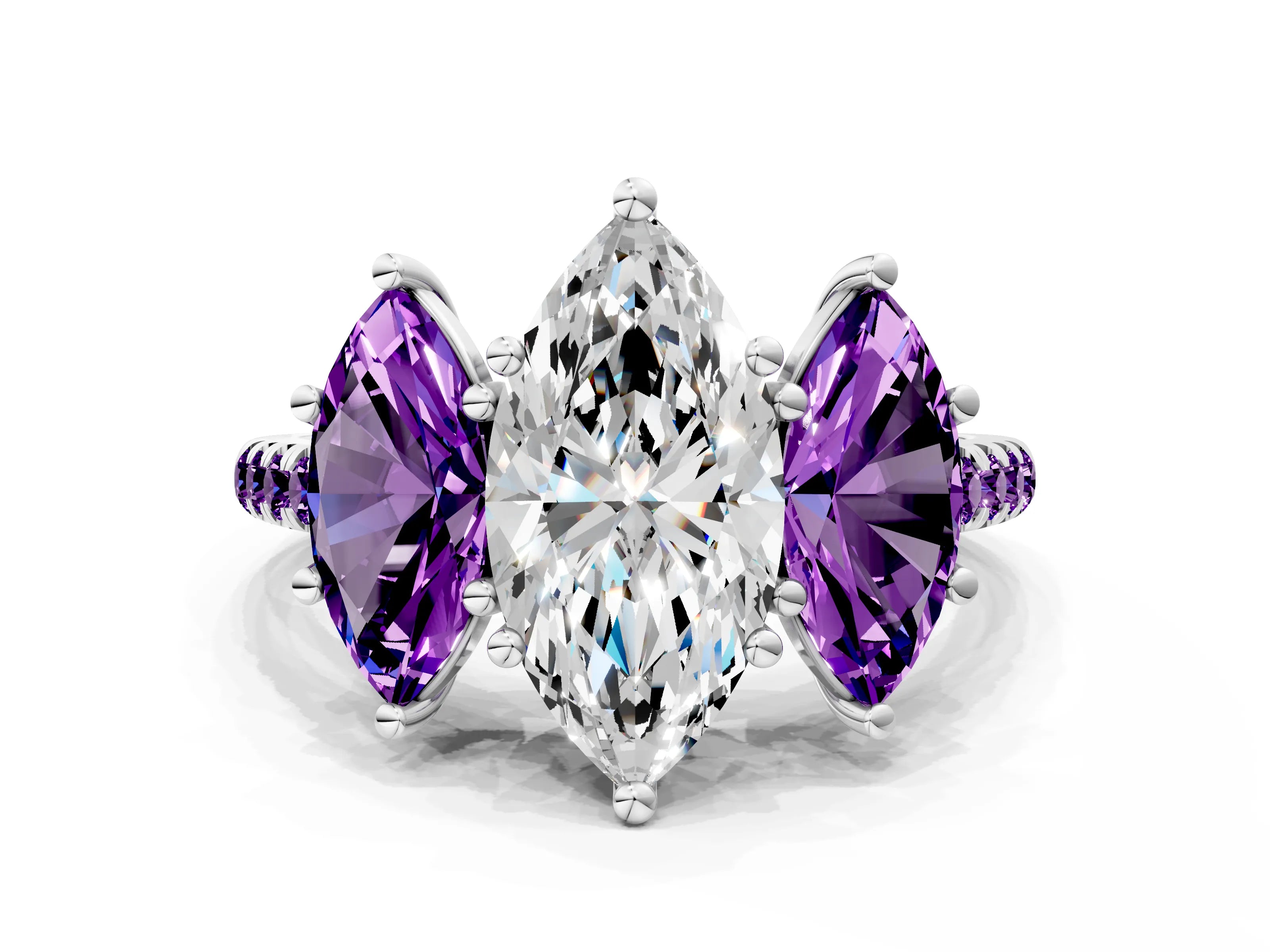 White gold Three-Stone Marquise Cut Diamond Ring with Round with Amethyst side stone Pavé Band and Prong Setting