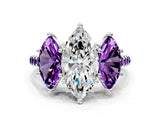 White gold Three-Stone Marquise Cut Diamond Ring with Round with Amethyst side stone Pavé Band and Prong Setting