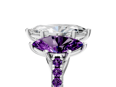 White gold Three-Stone Marquise Cut Diamond Ring with Round with Amethyst side stone Pavé Band and Prong Setting_5