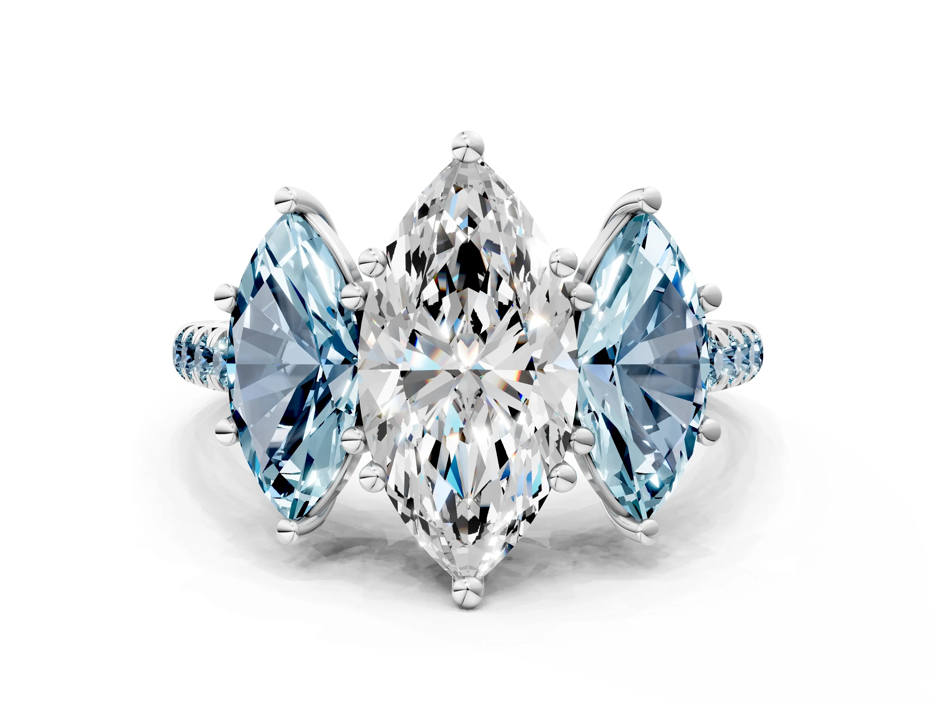 White gold Three-Stone Marquise Cut Diamond Ring with Round with Aquamarine side stone Pavé Band and Prong Setting