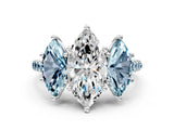 White gold Three-Stone Marquise Cut Diamond Ring with Round with Aquamarine side stone Pavé Band and Prong Setting_12