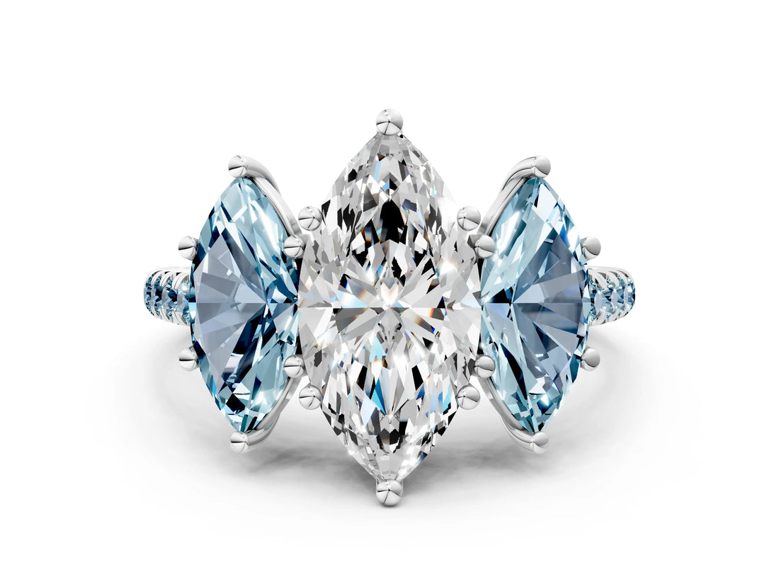 White gold Three-Stone Marquise Cut Diamond Ring with Round with Aquamarine side stone Pavé Band and Prong Setting_12