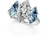 White gold Three-Stone Marquise Cut Diamond Ring with Round with Aquamarine side stone Pavé Band and Prong Setting_1