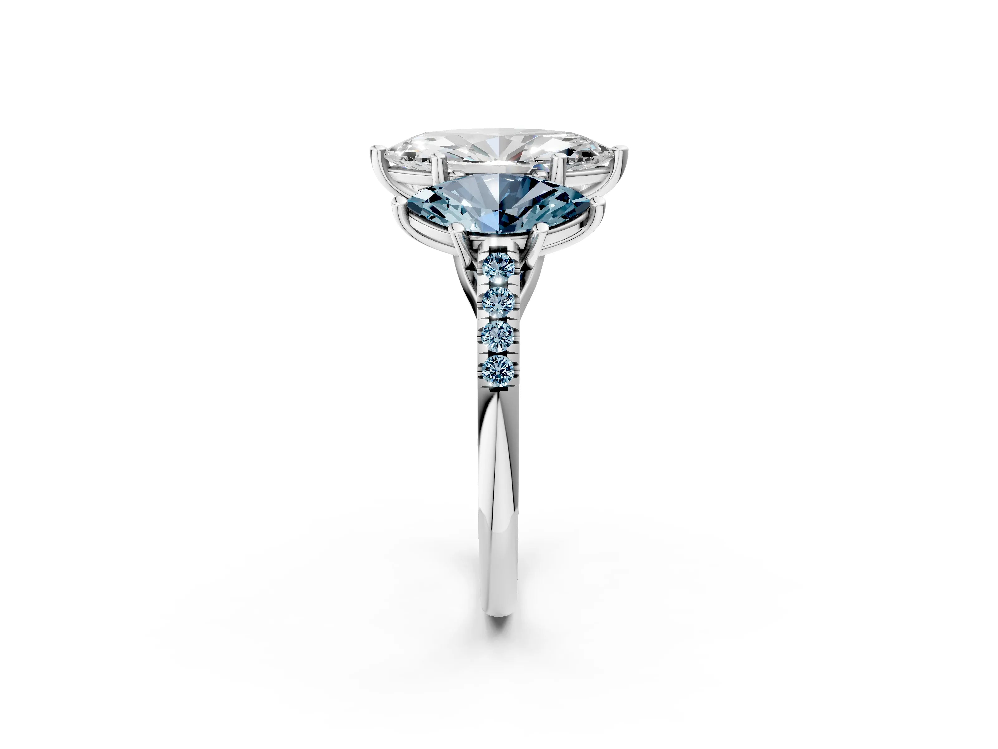 White gold Three-Stone Marquise Cut Diamond Ring with Round with Aquamarine side stone Pavé Band and Prong Setting_2