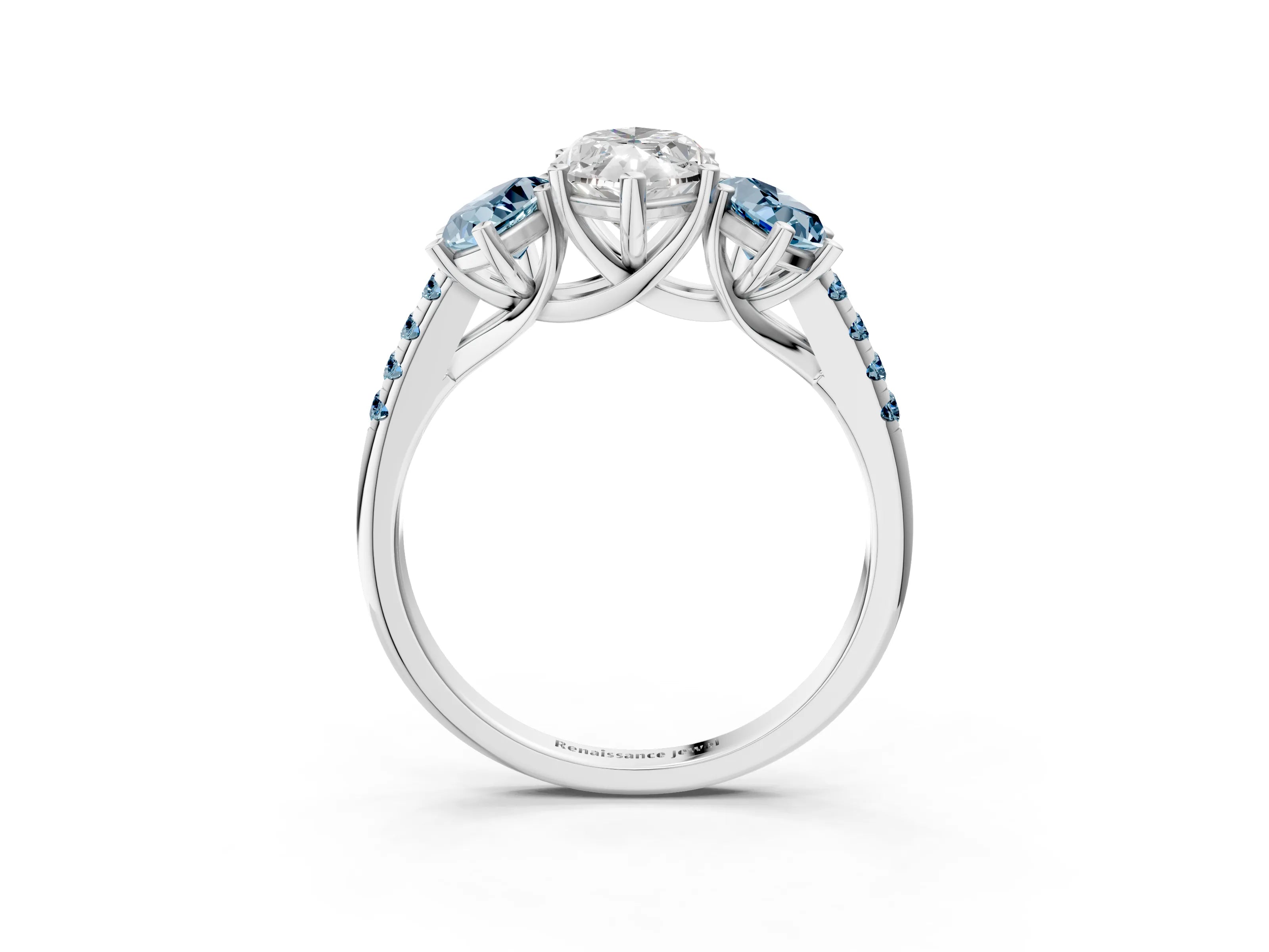 White gold Three-Stone Marquise Cut Diamond Ring with Round with Aquamarine side stone Pavé Band and Prong Setting_3