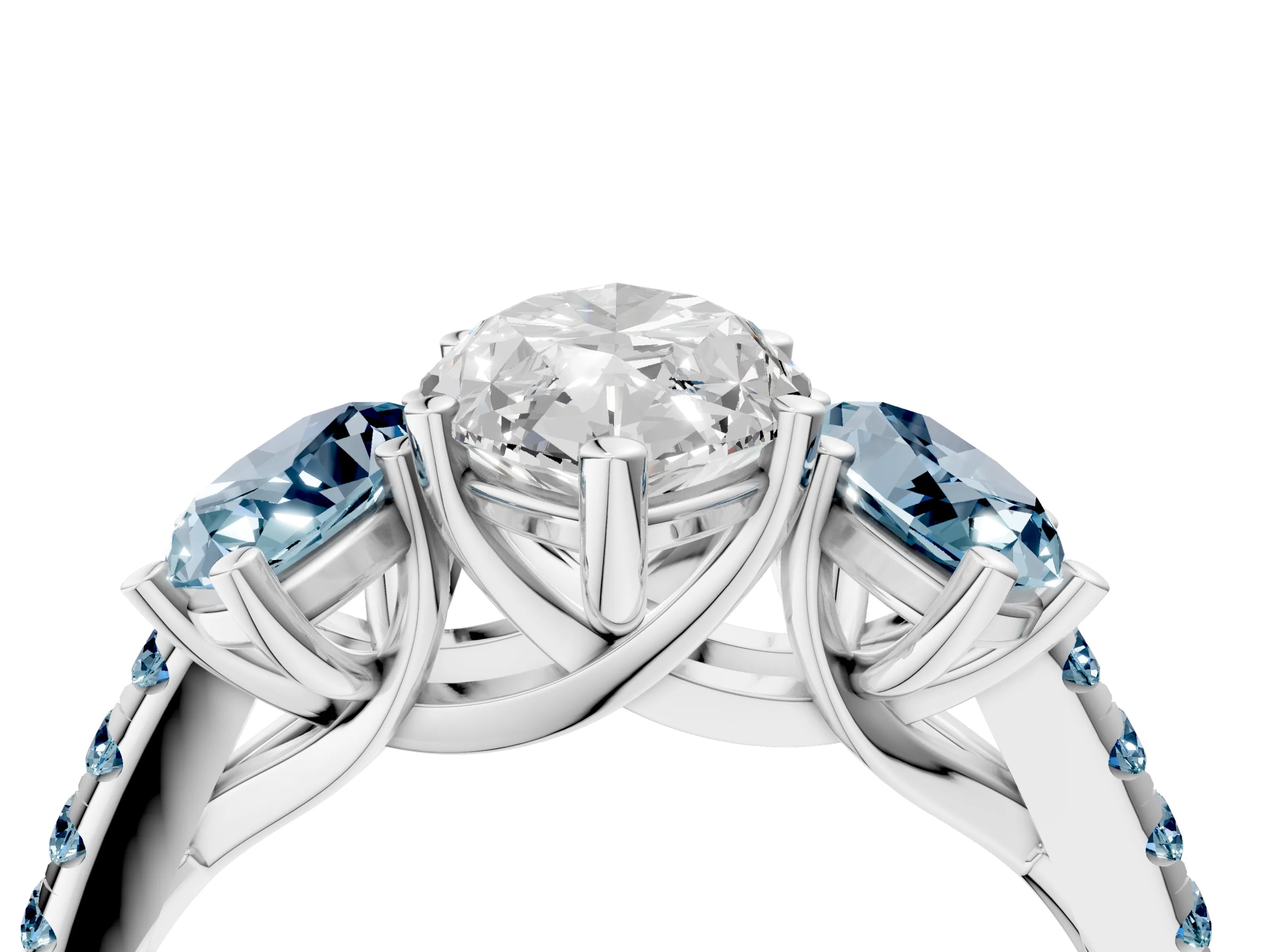 White gold Three-Stone Marquise Cut Diamond Ring with Round with Aquamarine side stone Pavé Band and Prong Setting_4