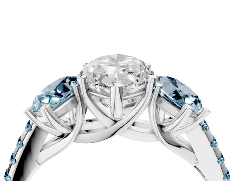 White gold Three-Stone Marquise Cut Diamond Ring with Round with Aquamarine side stone Pavé Band and Prong Setting_4