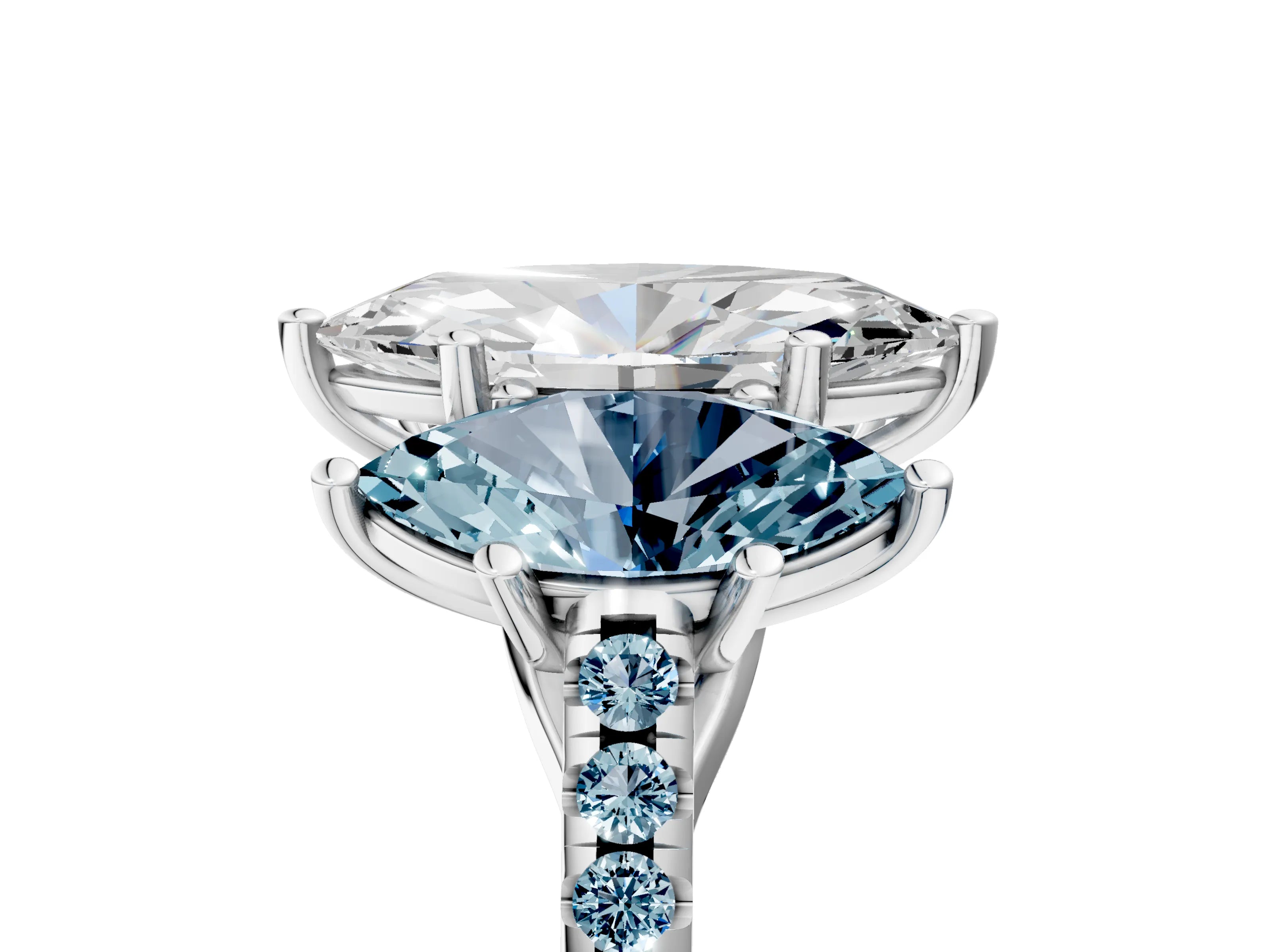 White gold Three-Stone Marquise Cut Diamond Ring with Round with Aquamarine side stone Pavé Band and Prong Setting_5