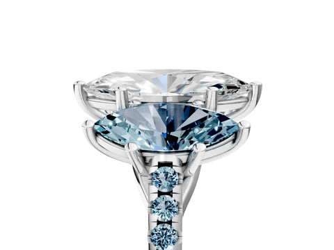 White gold Three-Stone Marquise Cut Diamond Ring with Round with Aquamarine side stone Pavé Band and Prong Setting_5