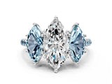 White gold Three-Stone Marquise Cut Diamond Ring with Round with Aquamarine side stone Pavé Band and Prong Setting